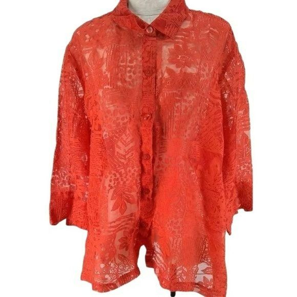 ELCC Women's Coral Orange See Through Button Down Quarter‎ Sleeve Blouse Size 3X - Picture 1 of 7